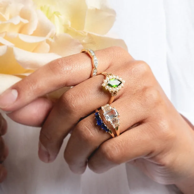 14k Opulent Green Diopside and Pearl Marquise Ring