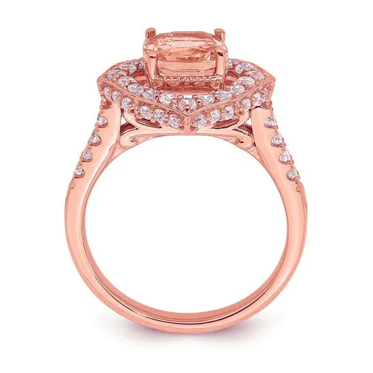 14k Rose Gold Diamond Halo, Cushion-cut Morganite Engagement Ring and Wedding Band