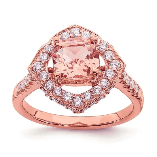 14k Rose Gold Diamond Halo, Cushion-cut Morganite Engagement Ring and Wedding Band