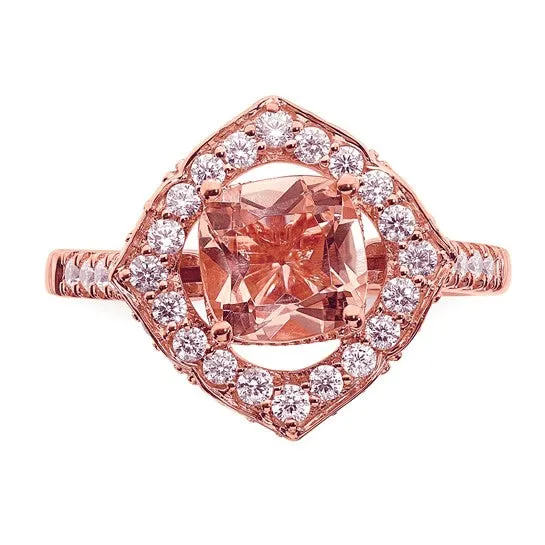 14k Rose Gold Diamond Halo, Cushion-cut Morganite Engagement Ring and Wedding Band