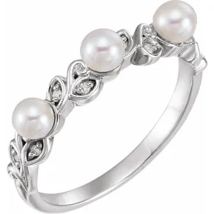 14K White Cultured White Seed Pearl & .03 CTW Natural Diamond Stackable Leaf Pattern Ring