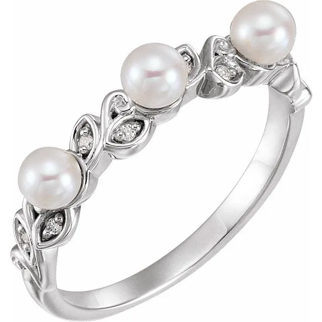 14K White Cultured White Seed Pearl & .03 CTW Natural Diamond Stackable Leaf Pattern Ring
