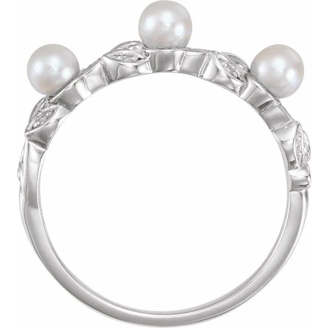 14K White Cultured White Seed Pearl & .03 CTW Natural Diamond Stackable Leaf Pattern Ring