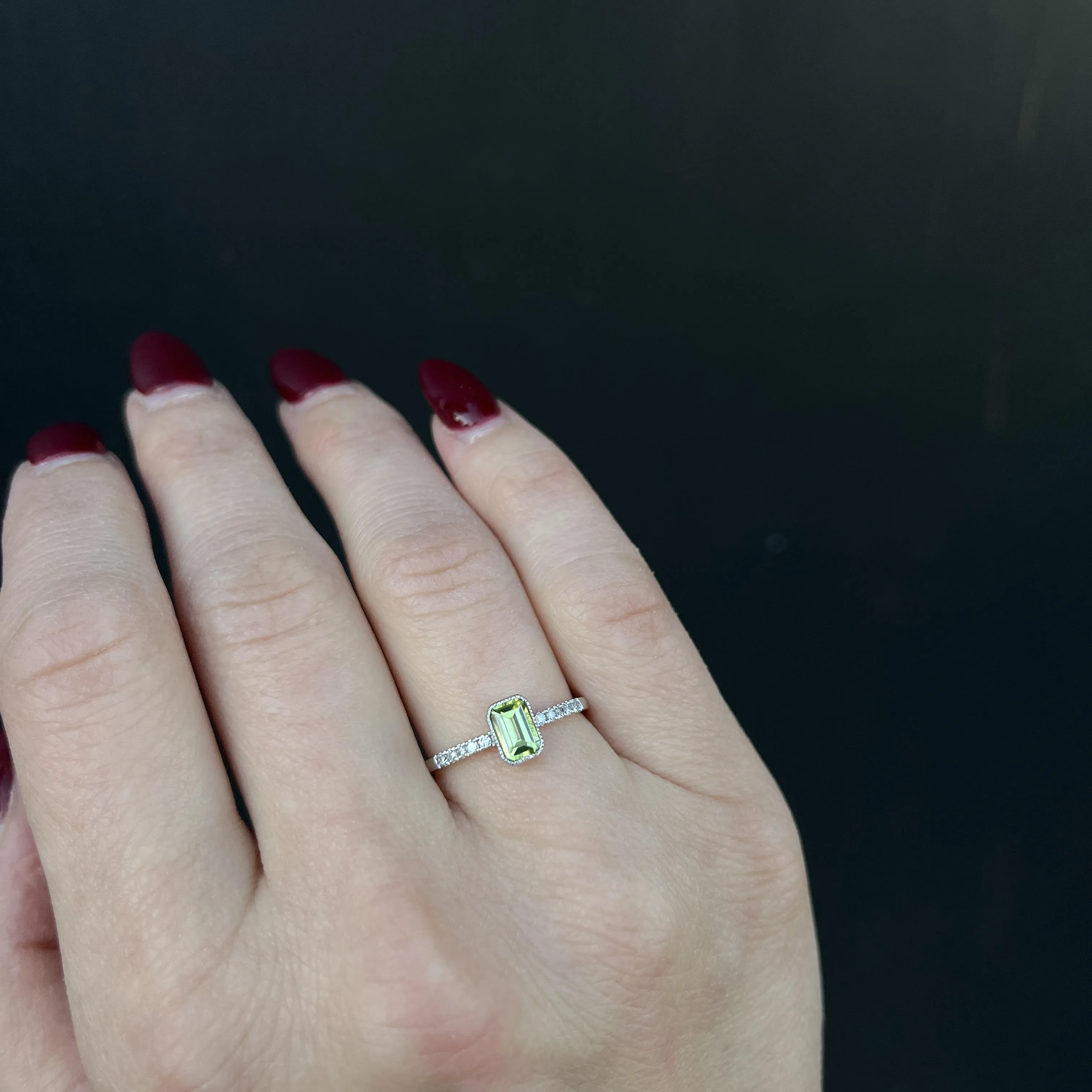 14K White Gold 0.64 Carat Peridot and Diamond Ring