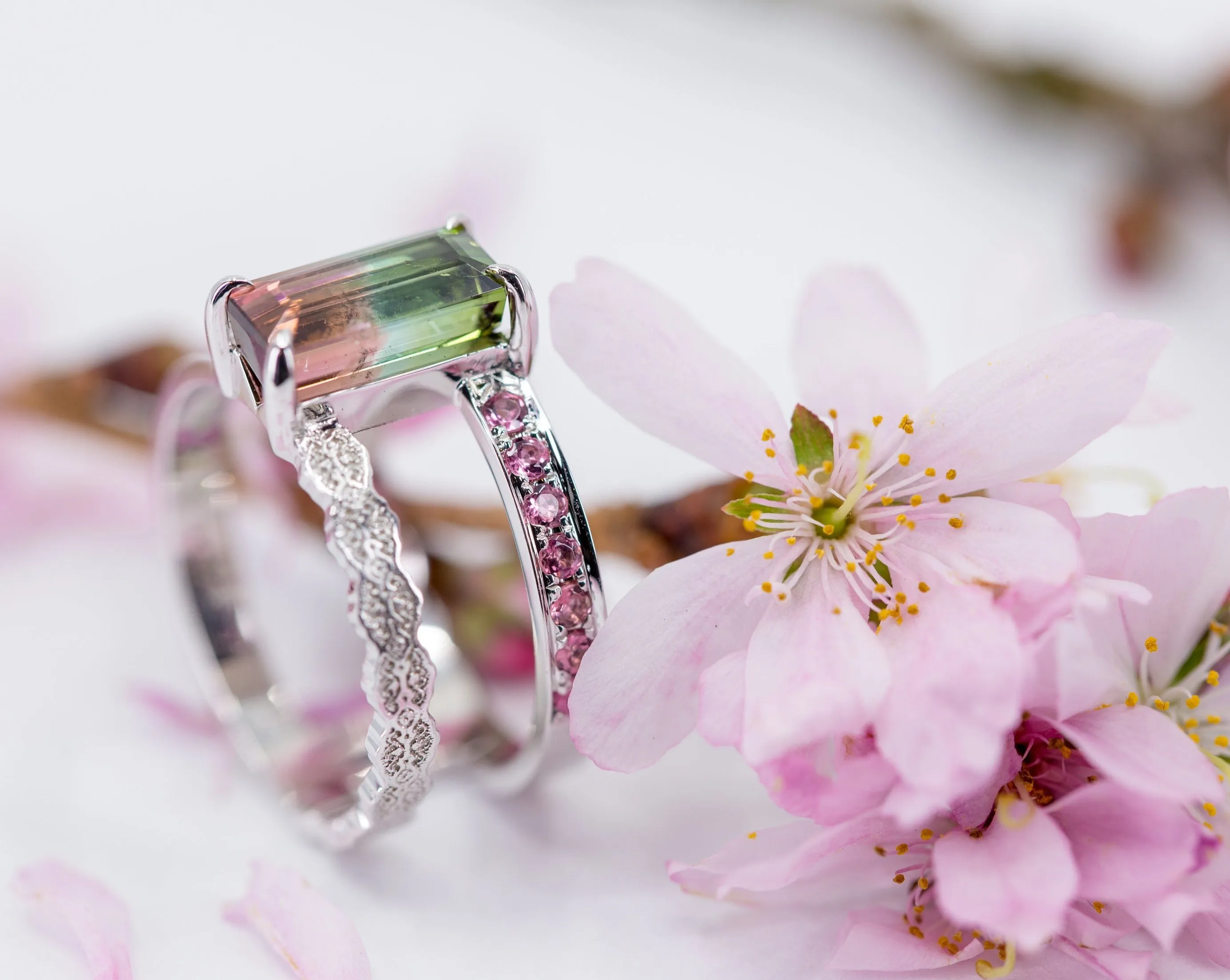 14K White Gold Lace Engagement Ring with Watermelon Tourmaline - Size 6