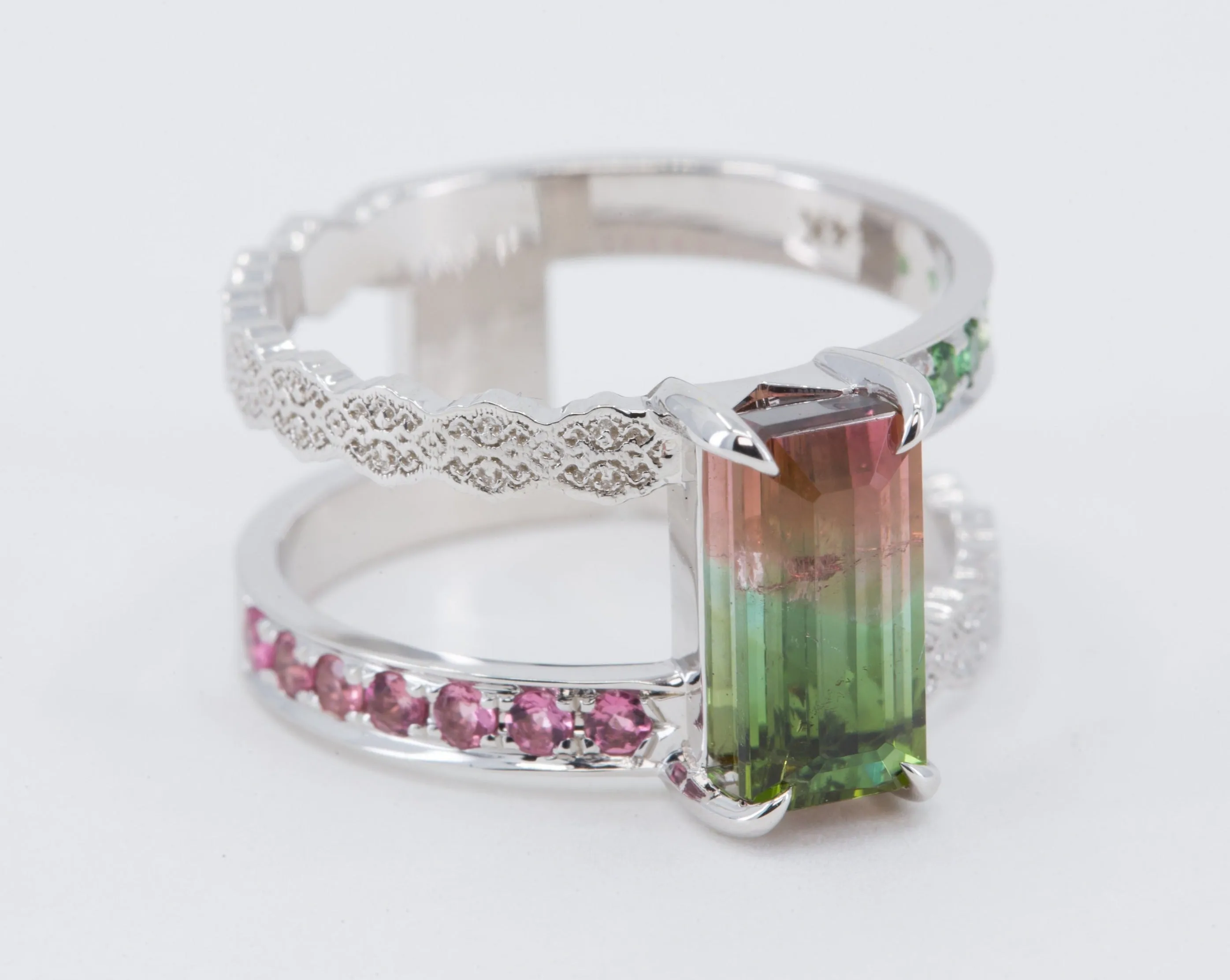 14K White Gold Lace Engagement Ring with Watermelon Tourmaline - Size 6