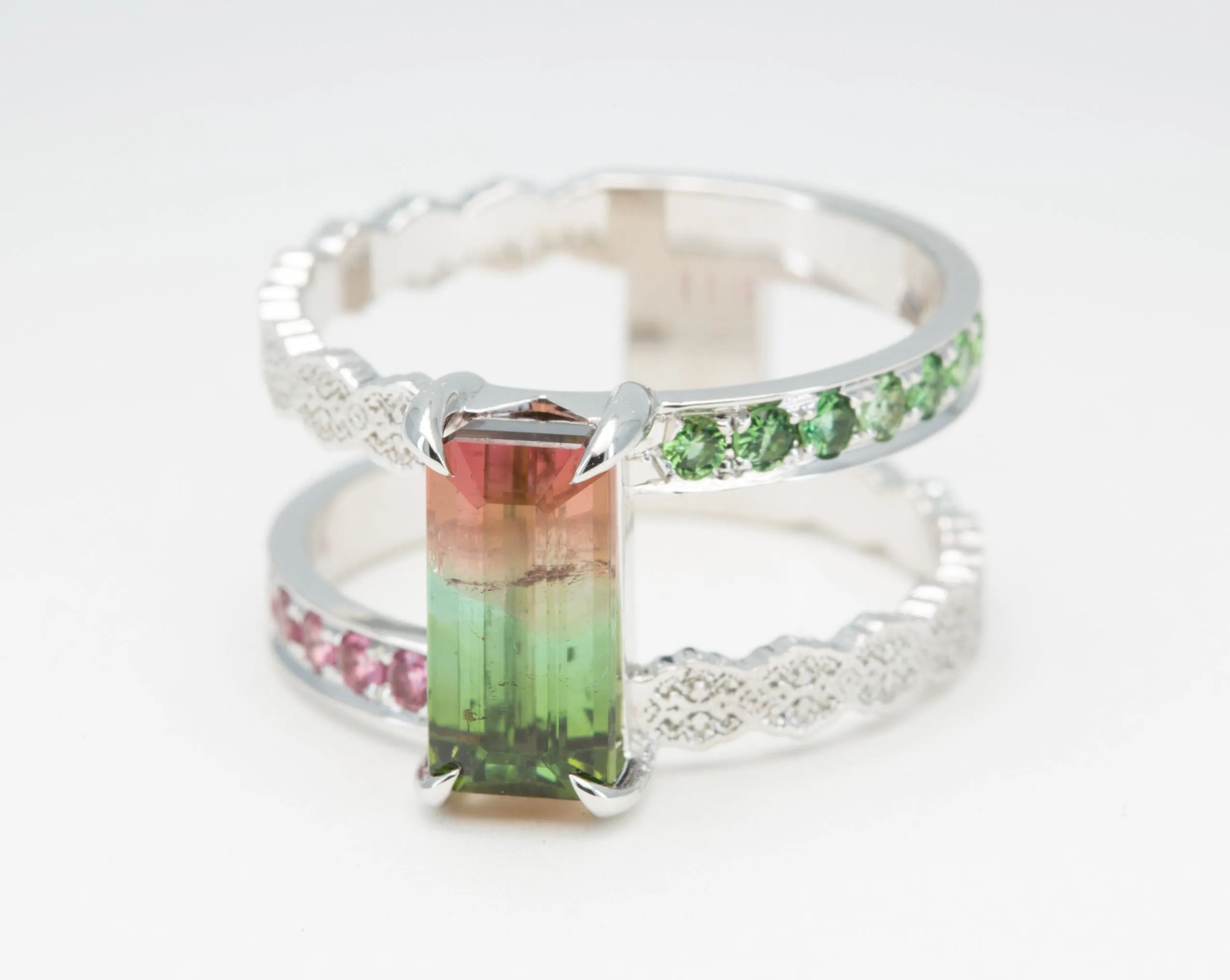 14K White Gold Lace Engagement Ring with Watermelon Tourmaline - Size 6