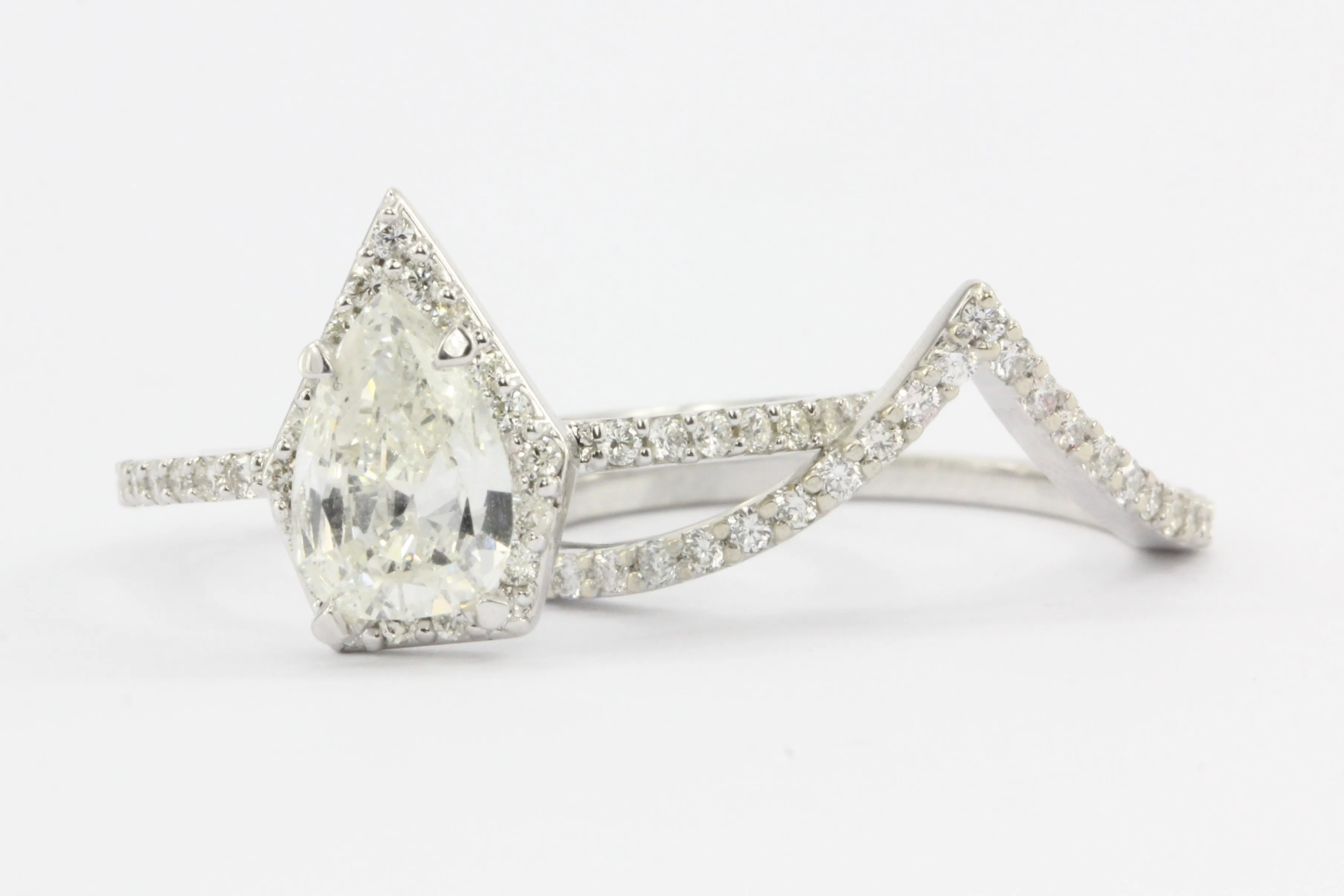 14K White Gold Pear Diamond Halo Engagement Ring w/ Matching Jacket Band Set