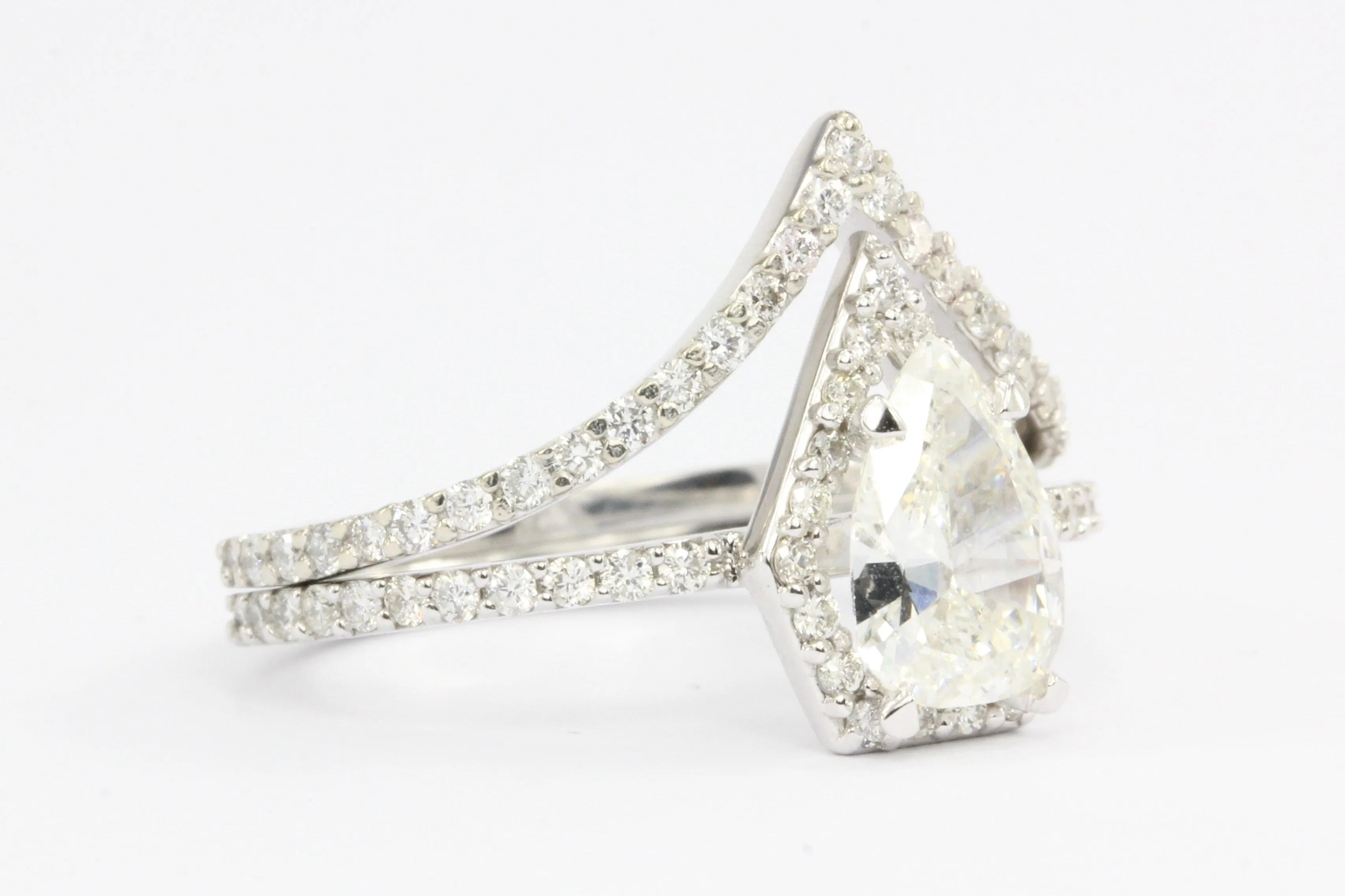 14K White Gold Pear Diamond Halo Engagement Ring w/ Matching Jacket Band Set