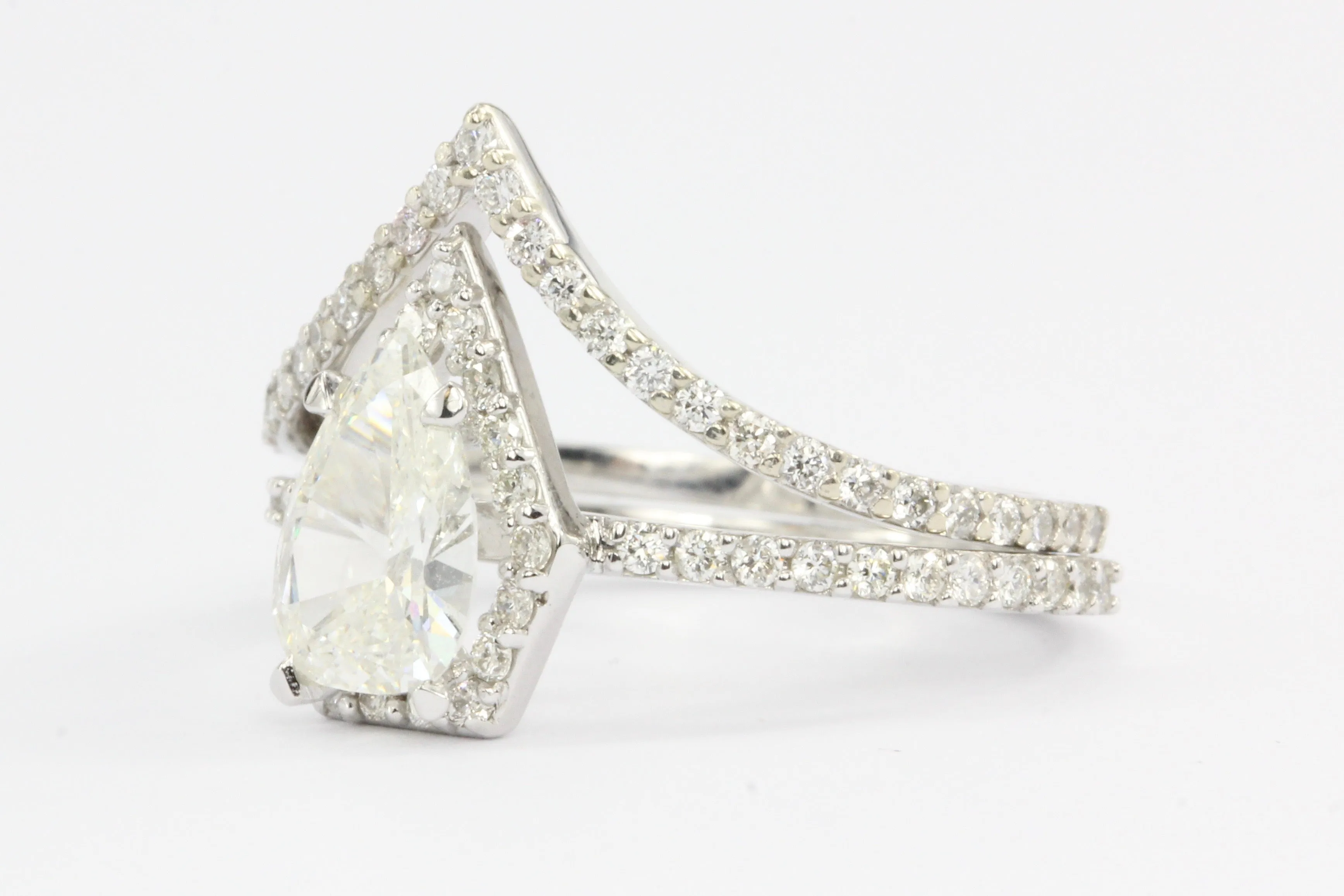 14K White Gold Pear Diamond Halo Engagement Ring w/ Matching Jacket Band Set