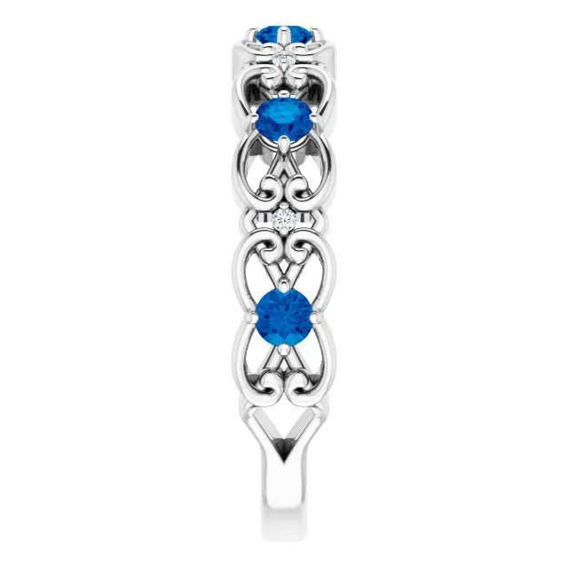 14K White Natural Blue Sapphire & .02 CTW Natural Diamond Scroll Ring