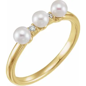 14K Yellow Cultured White Freshwater Pearl & .03 CTW Natural Diamond Stackable Ring