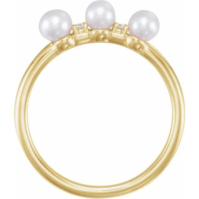 14K Yellow Cultured White Freshwater Pearl & .03 CTW Natural Diamond Stackable Ring