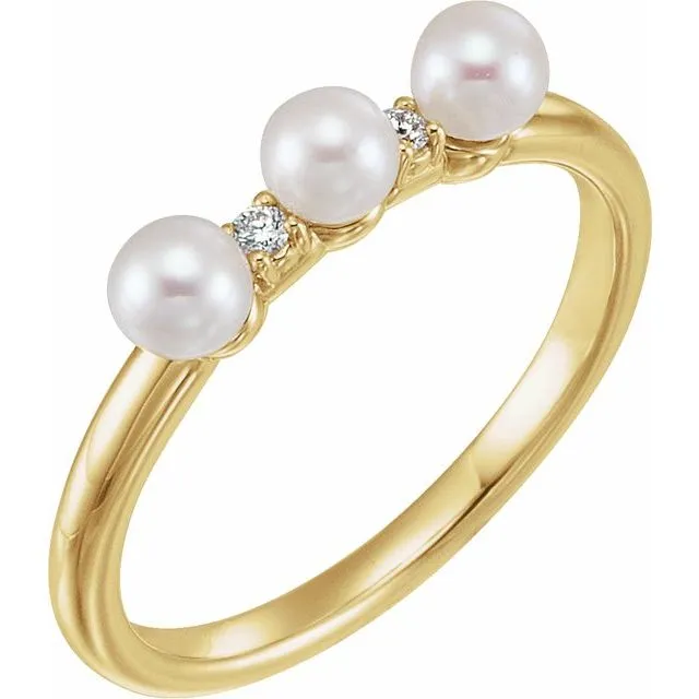 14K Yellow Cultured White Freshwater Pearl & .03 CTW Natural Diamond Stackable Ring
