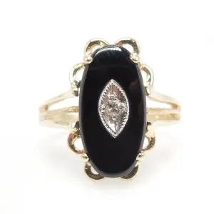 14K Yellow Gold 1930s Elongated Oval Onyx Ring with Diamond in Marquise Shaped White Gold Frame