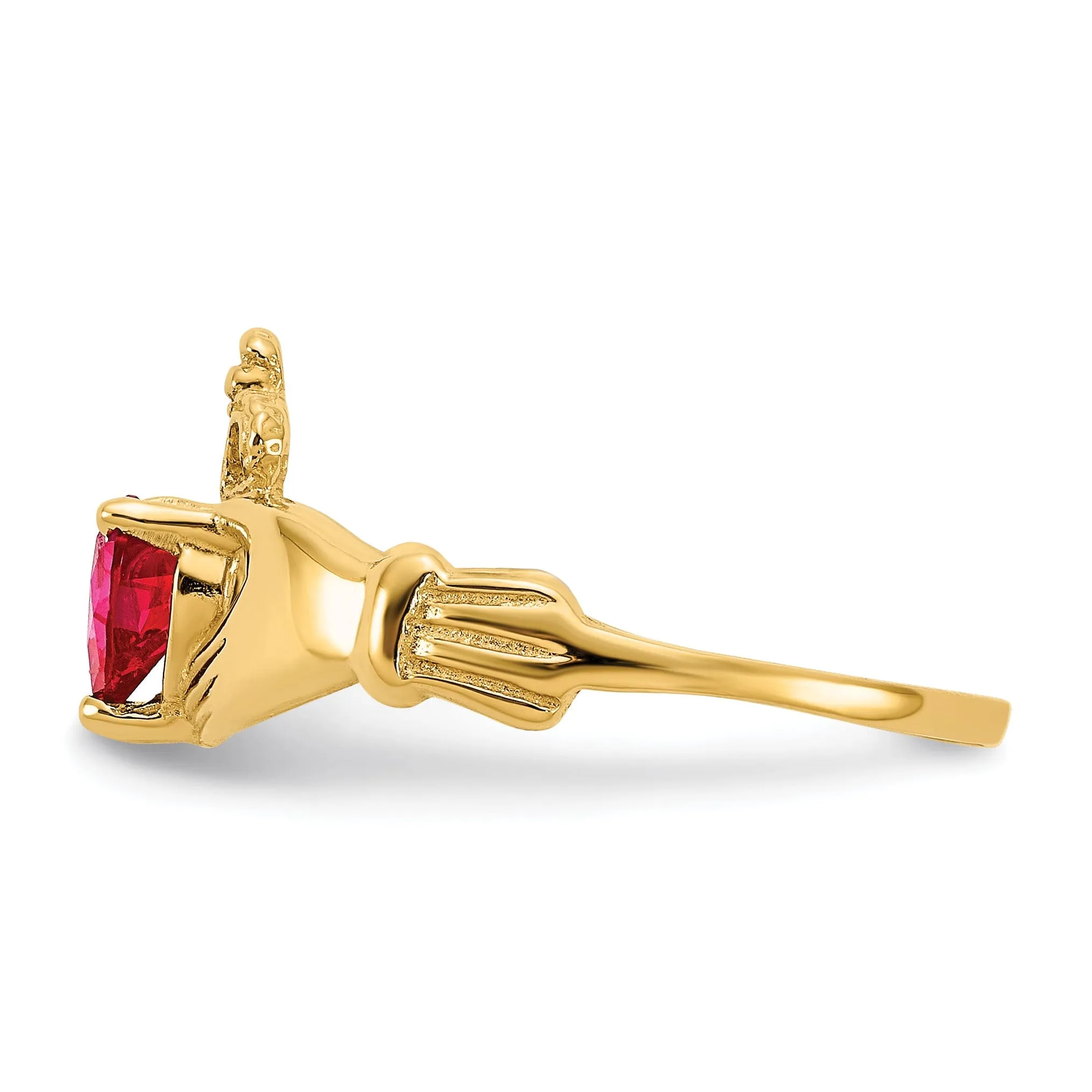 14k Yellow Gold CZ July Birthstone Claddagh Heart Ring