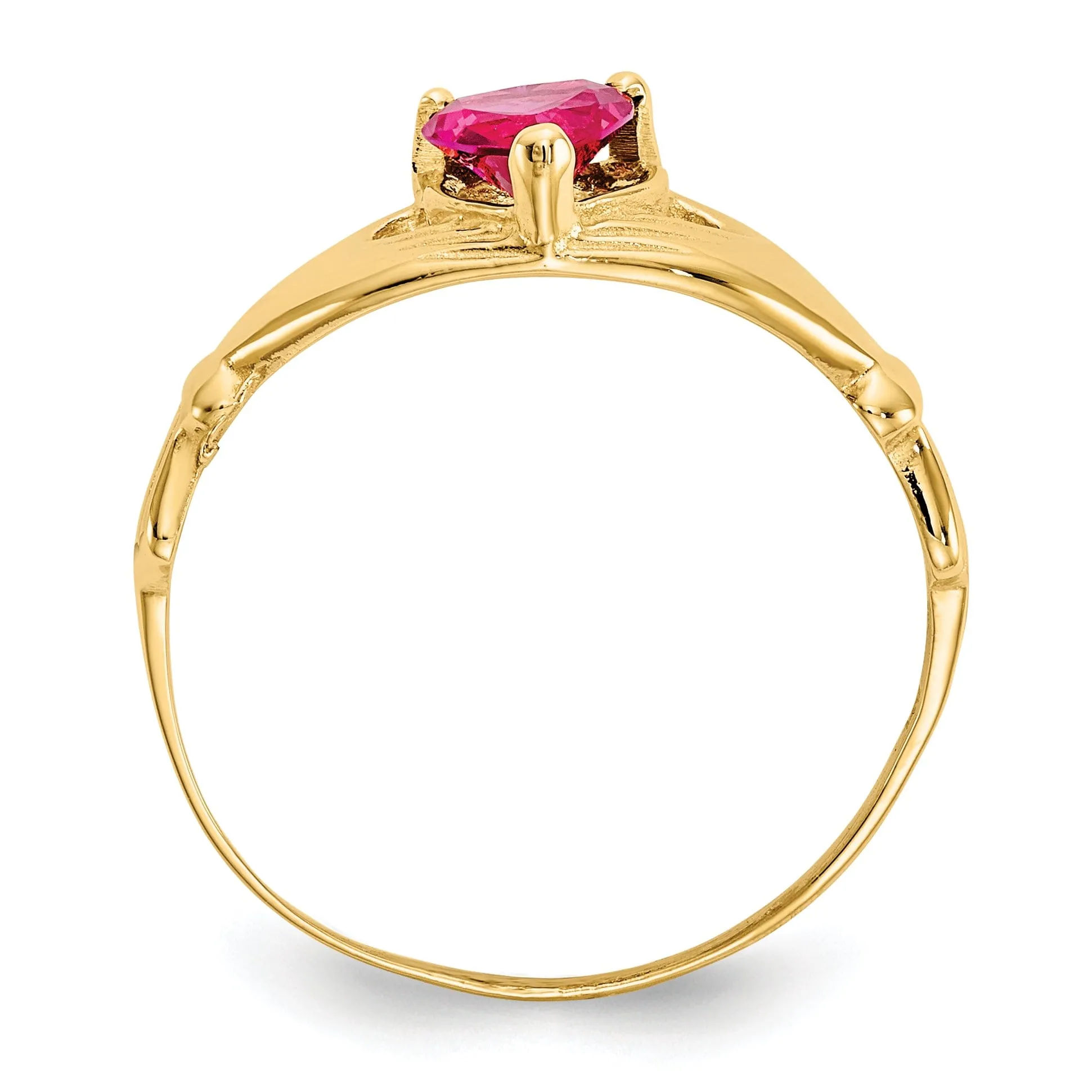 14k Yellow Gold CZ July Birthstone Claddagh Heart Ring