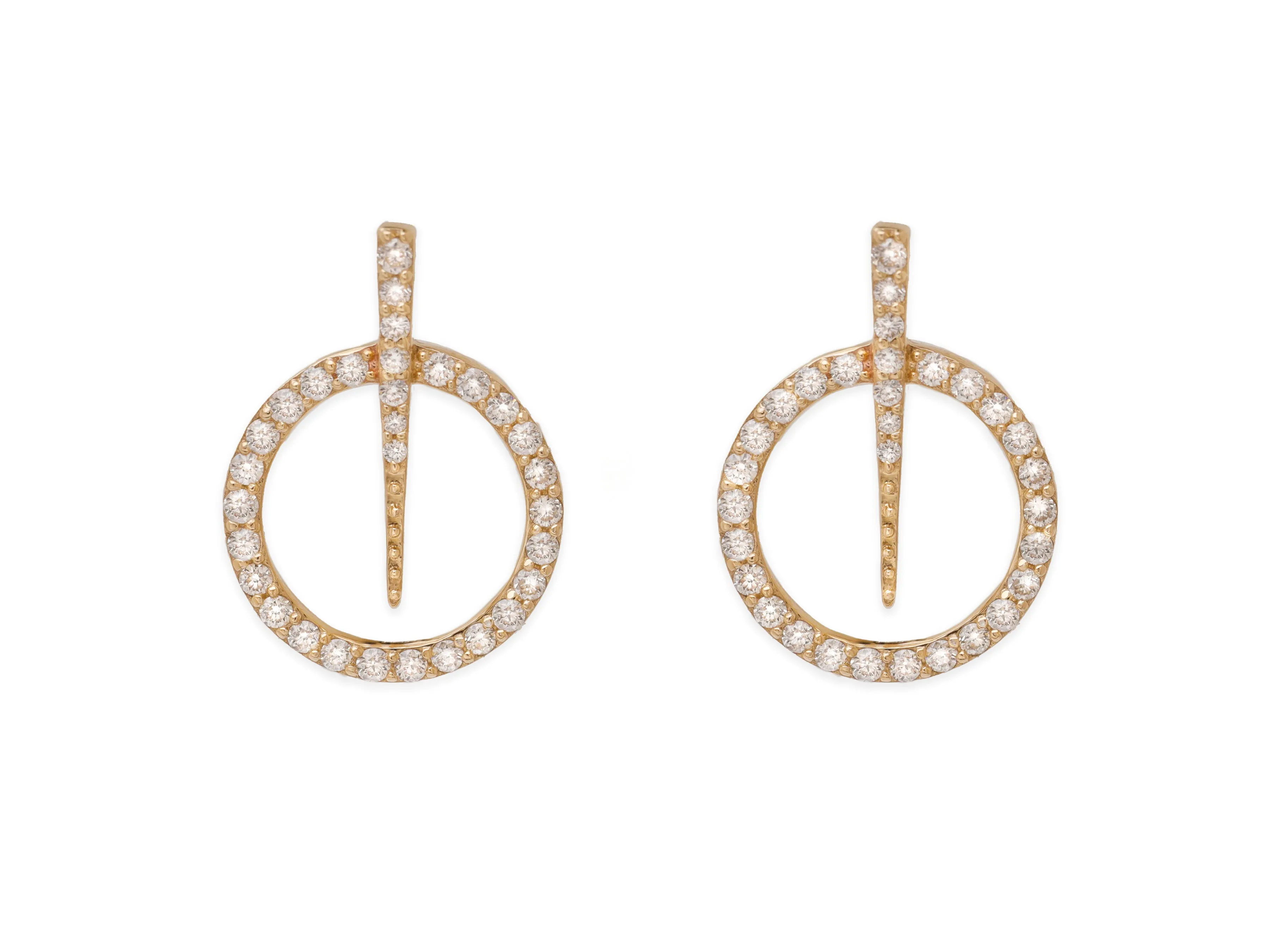 14k Yellow Gold Diamond Circle and Dagger Earrings