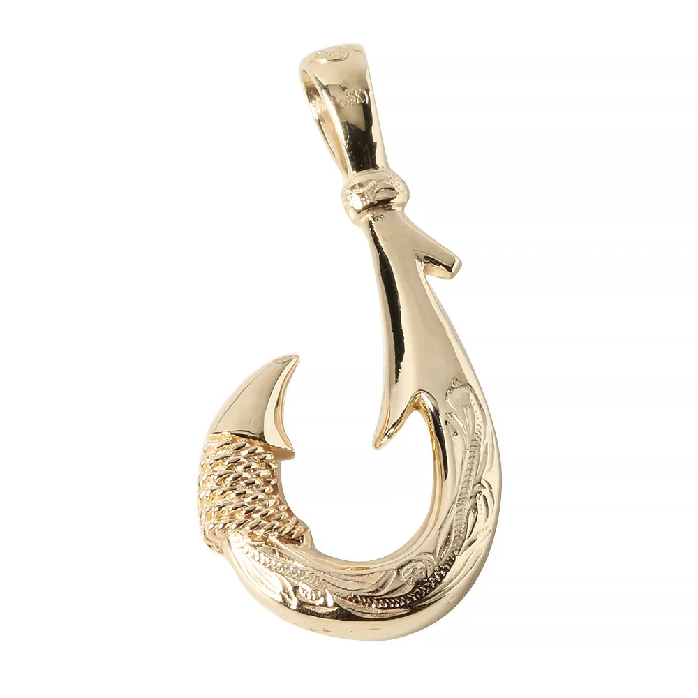 14K Yellow Gold Fish Hook Pendant w/Scroll Engraving