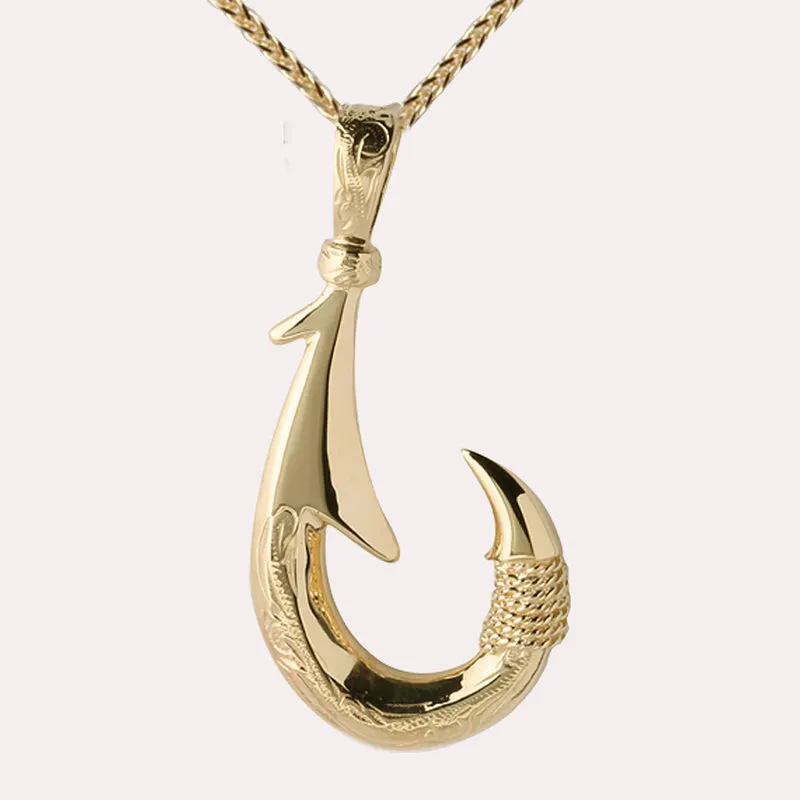 14K Yellow Gold Fish Hook Pendant w/Scroll Engraving