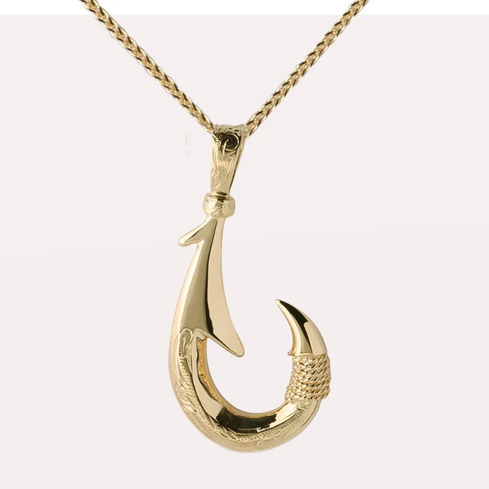 14K Yellow Gold Fish Hook Pendant w/Scroll Engraving