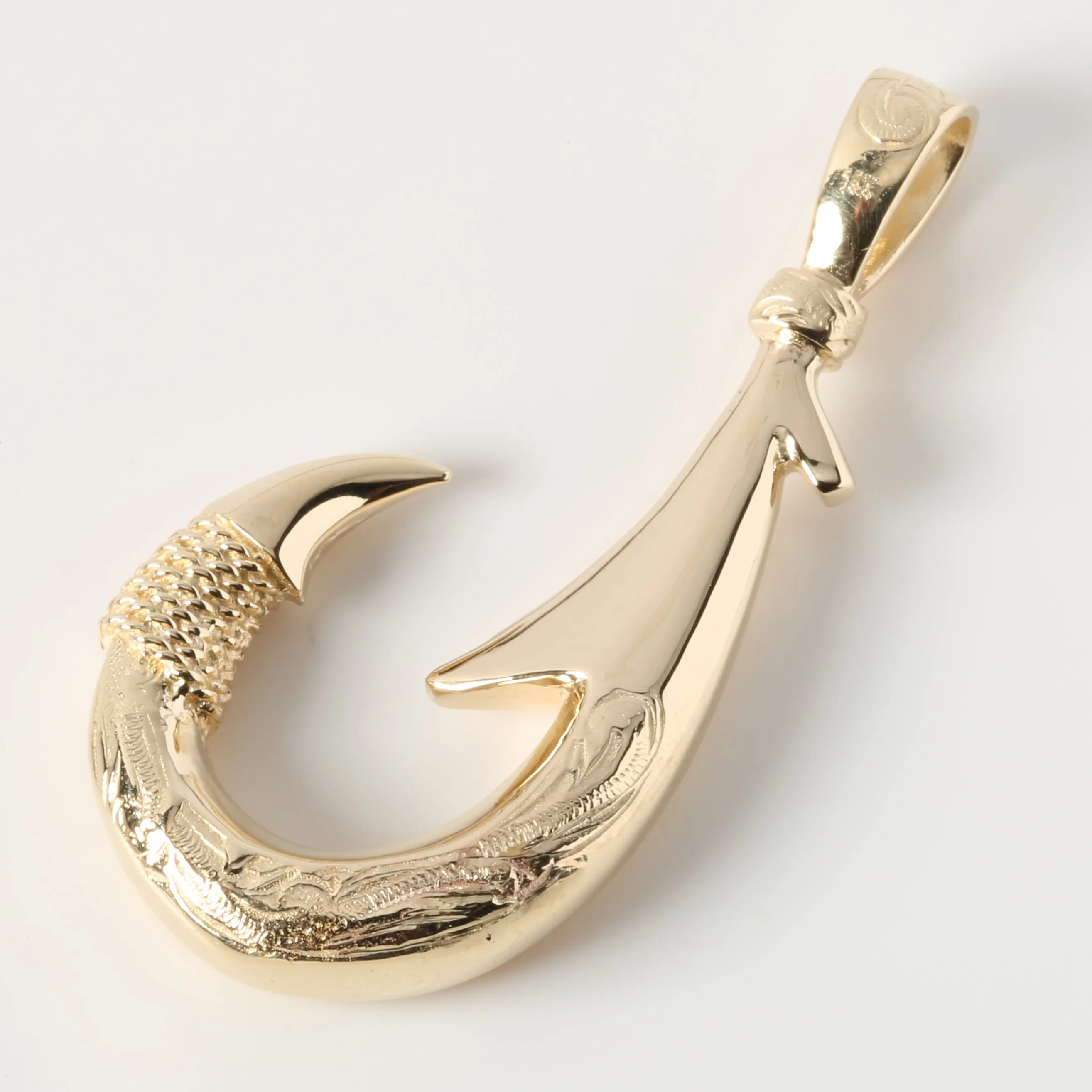 14K Yellow Gold Fish Hook Pendant w/Scroll Engraving