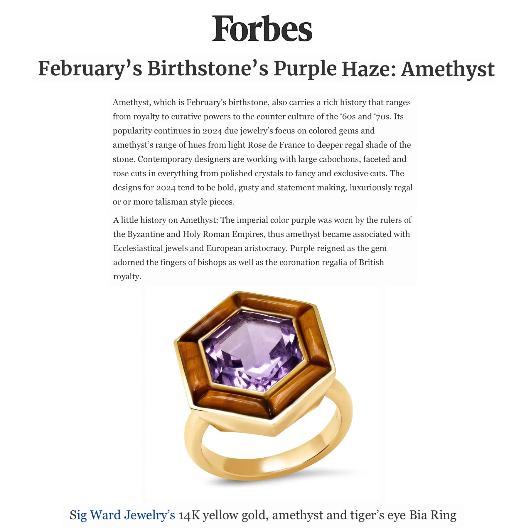 14K YG Amethyst and Tiger's Eye Bia Ring