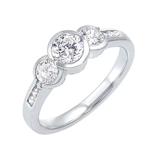 14KT White Gold & Diamond Classic Book 3 Stone Fashion Ring  - 1 ctw