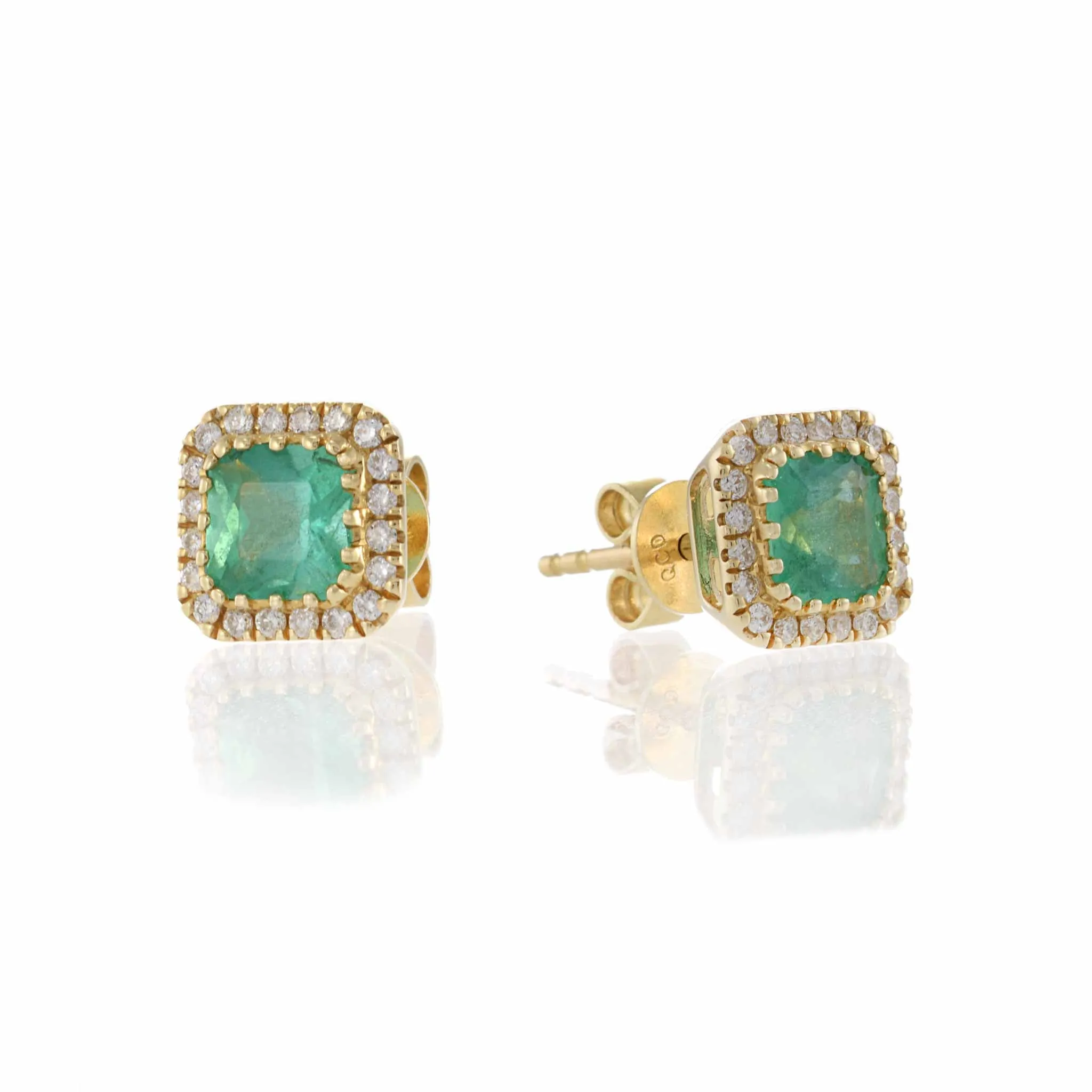 14KT Yellow Gold Cushion Cut Emerald and Diamond Stud Earrings