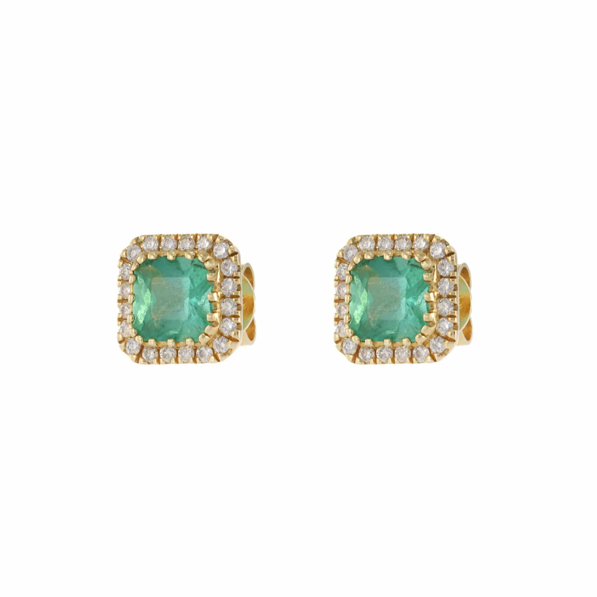 14KT Yellow Gold Cushion Cut Emerald and Diamond Stud Earrings