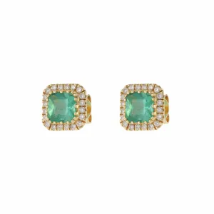 14KT Yellow Gold Cushion Cut Emerald and Diamond Stud Earrings