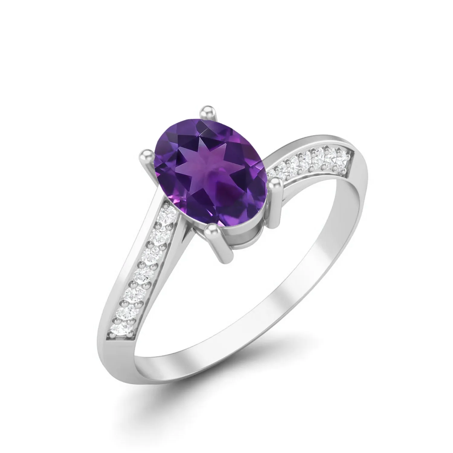 1.56 Cts Oval Amethyst 925 Sterling Silver Solitaire Accents Women Bridal Ring