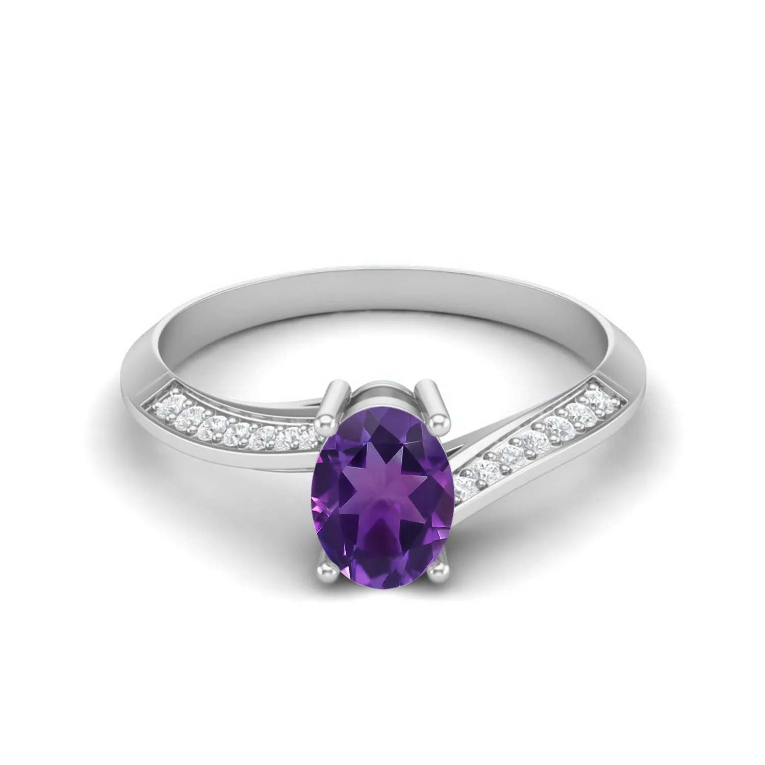 1.56 Cts Oval Amethyst 925 Sterling Silver Solitaire Accents Women Bridal Ring
