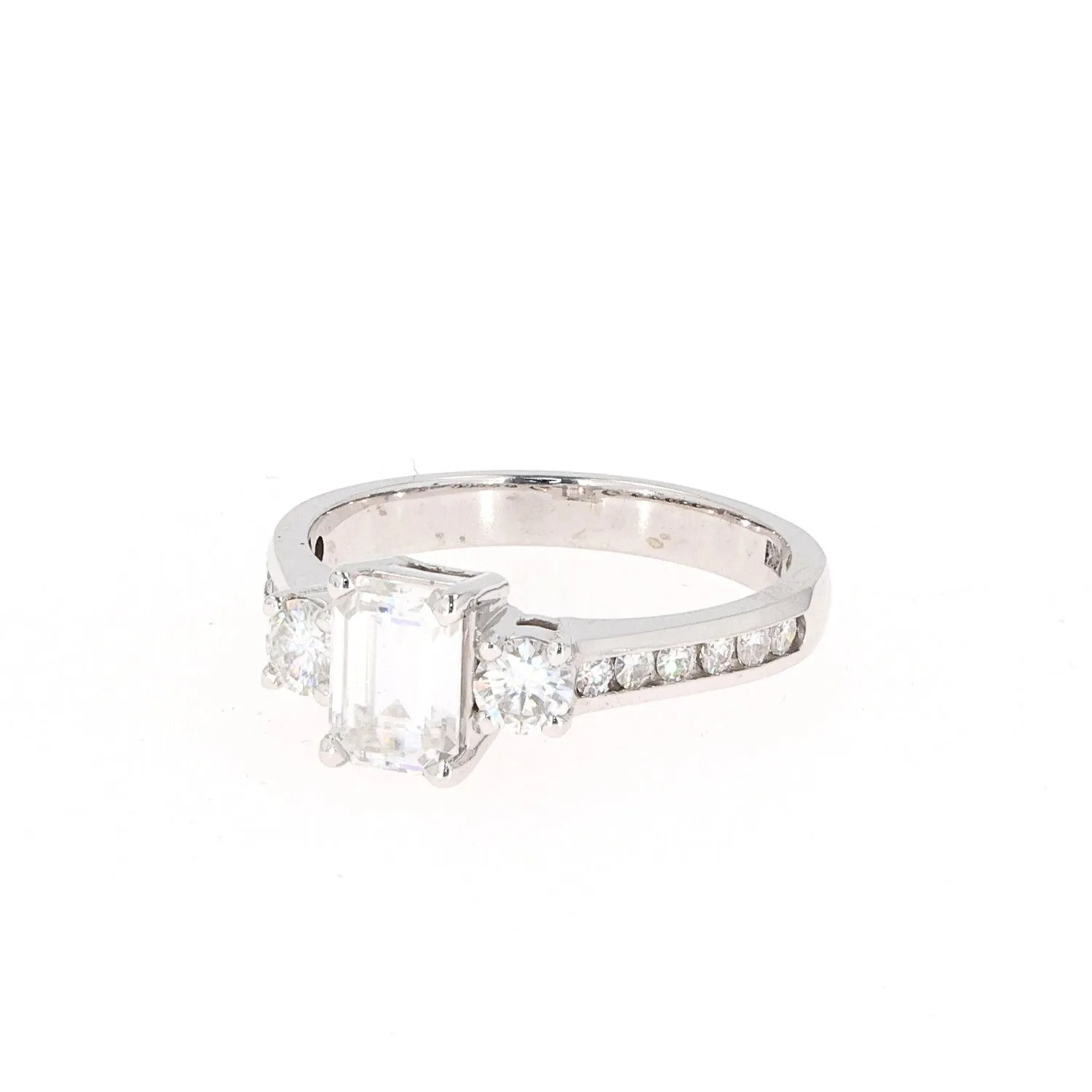 1.57 CTW DEW Emerald Moissanite Three-Stone Engagement Ring in 14K White Gold