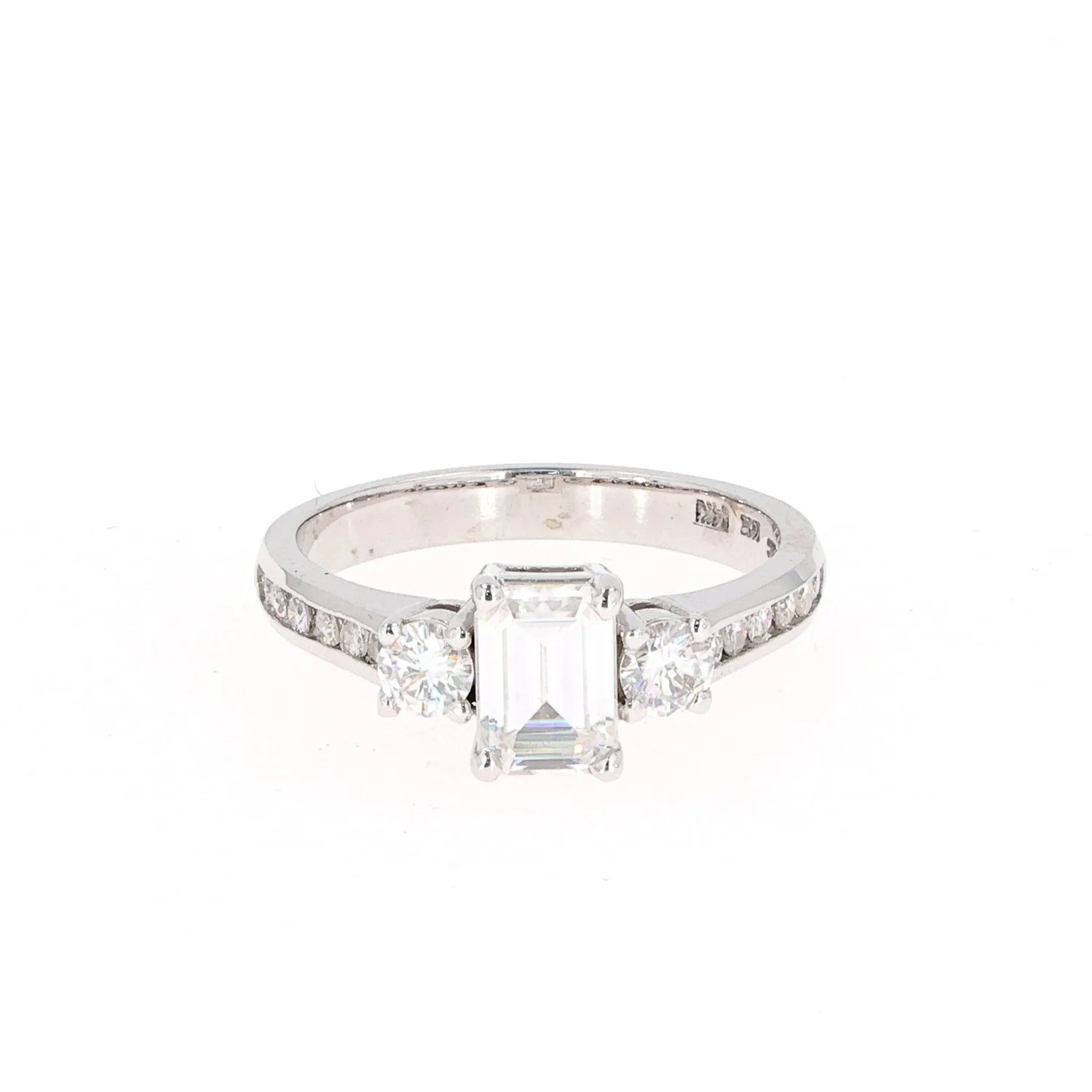 1.57 CTW DEW Emerald Moissanite Three-Stone Engagement Ring in 14K White Gold