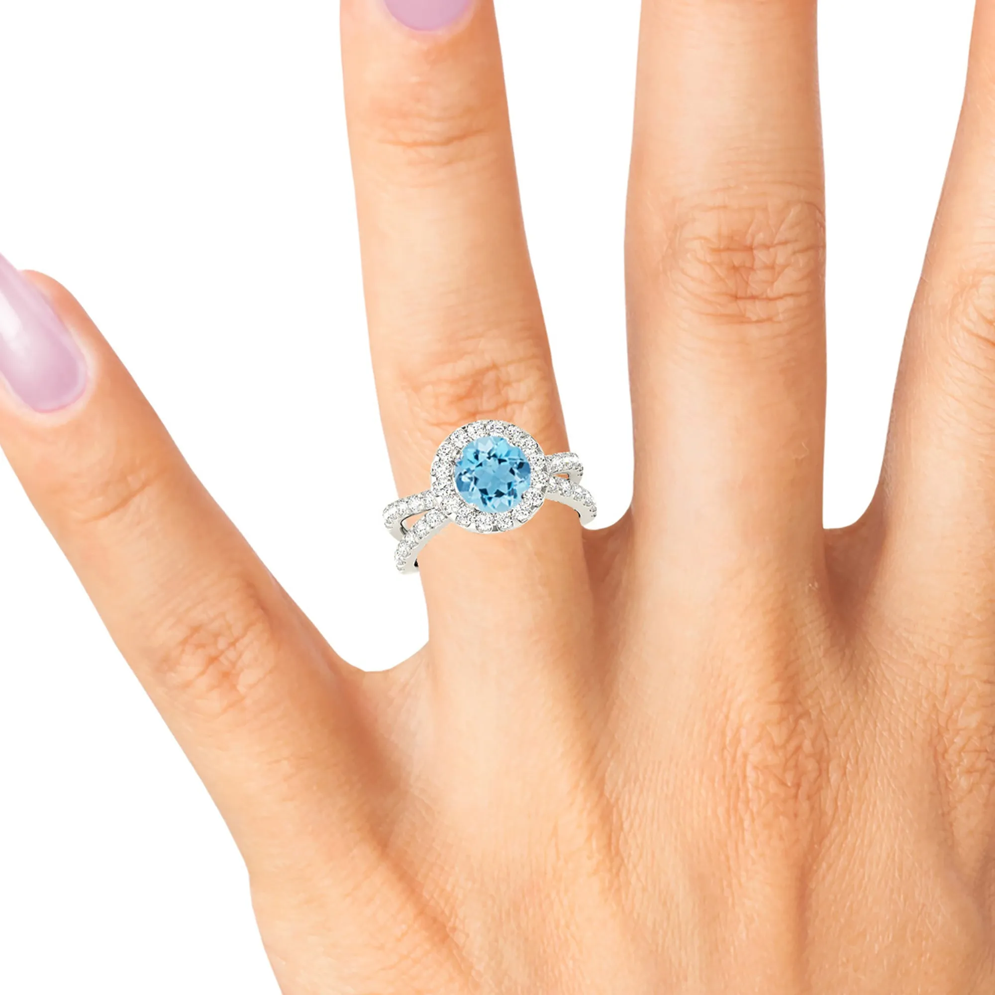 1.75 ct. Genuine Aquamarine Ring With Halo And Criss-Cross Split Band