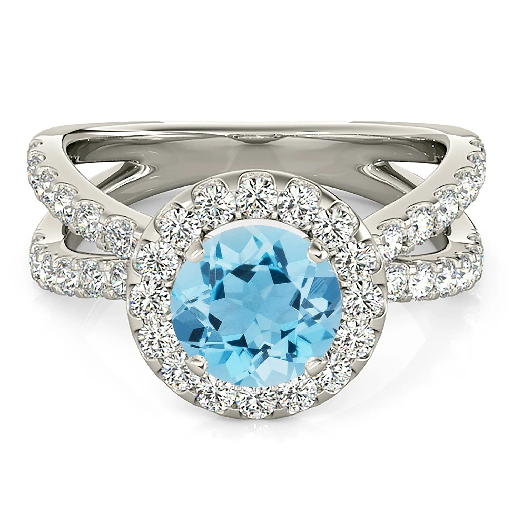 1.75 ct. Genuine Aquamarine Ring With Halo And Criss-Cross Split Band