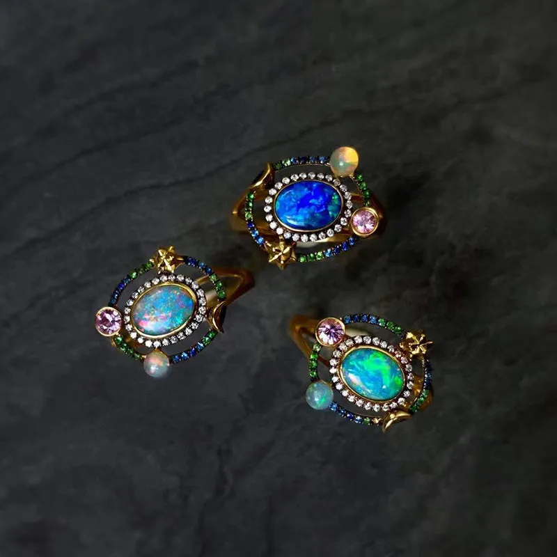 18K Gold 0.6ct Oval Cut Natural Opal Gemstone Halo Ring
