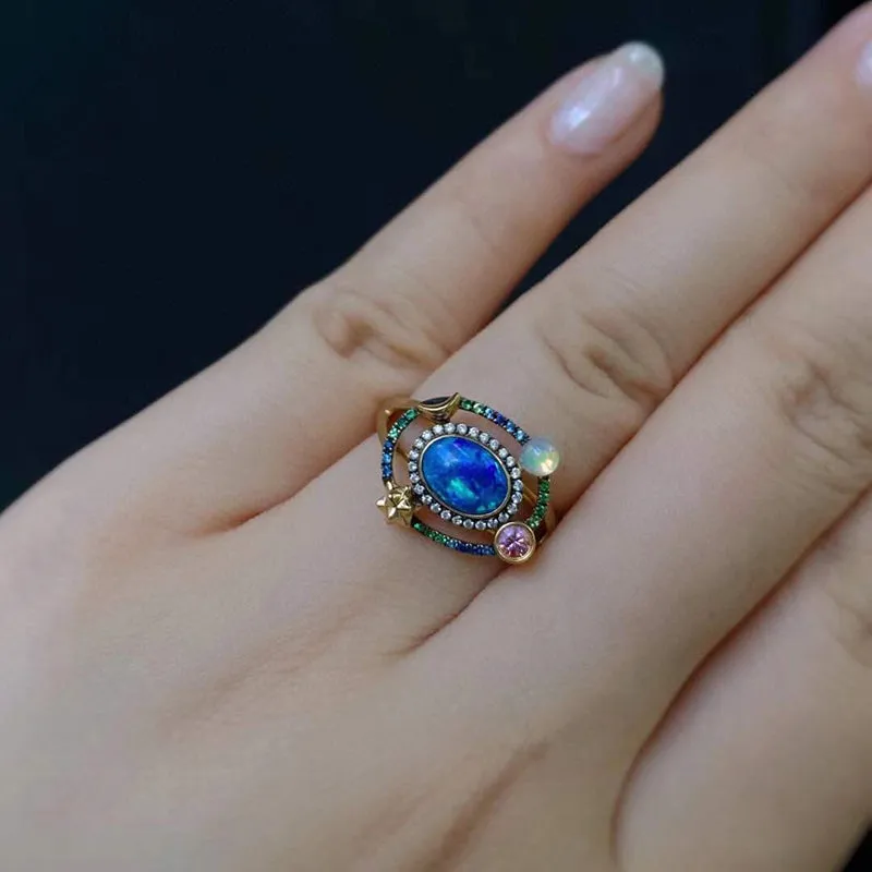 18K Gold 0.6ct Oval Cut Natural Opal Gemstone Halo Ring