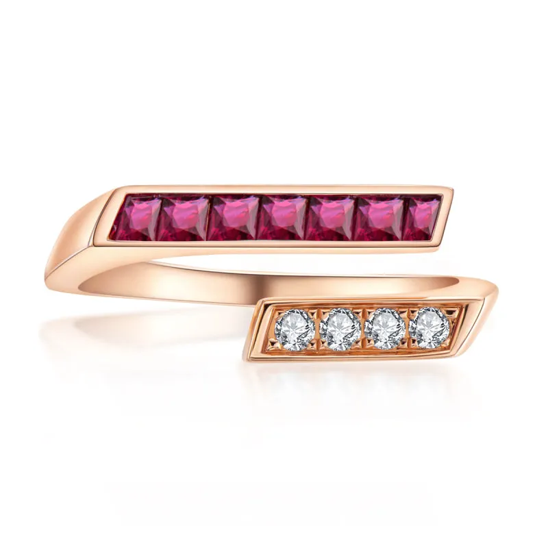 18K Gold Natural Gemstone 0.425ct Ruby 0.567ct Sapphire Open Ring Exclusively Handcrafted 0.106ct/0.108ct Natural Diamond (H-F Color, VS1-VS2 Clarity)