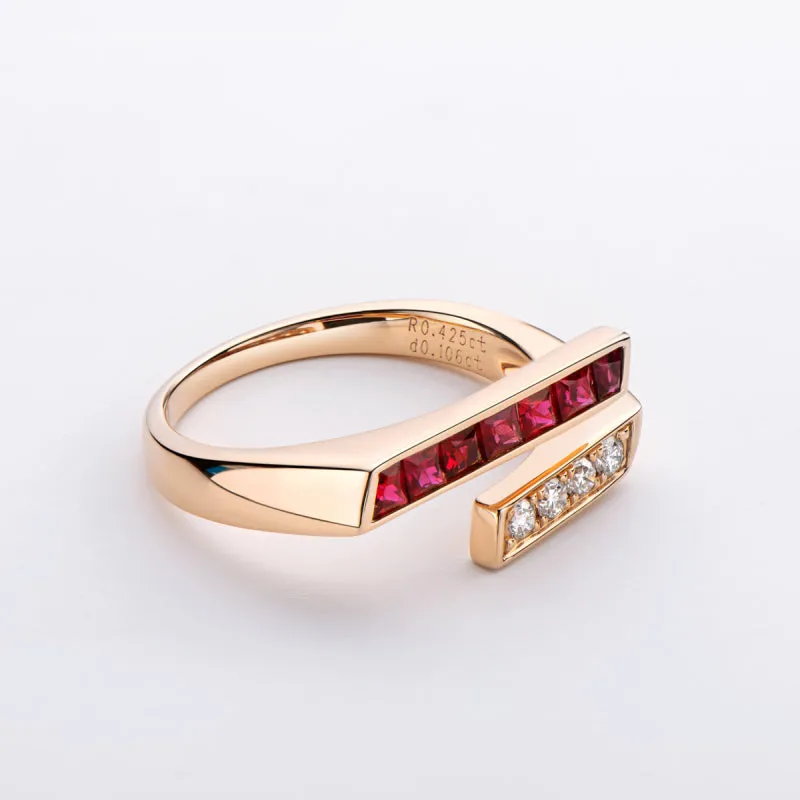 18K Gold Natural Gemstone 0.425ct Ruby 0.567ct Sapphire Open Ring Exclusively Handcrafted 0.106ct/0.108ct Natural Diamond (H-F Color, VS1-VS2 Clarity)