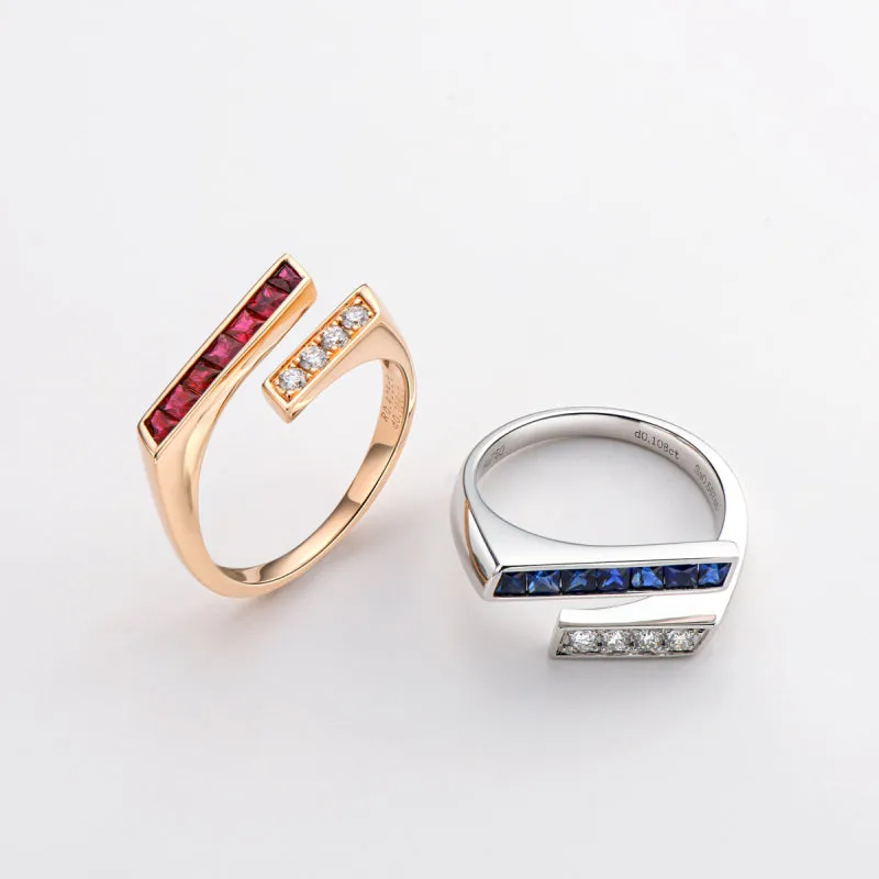 18K Gold Natural Gemstone 0.425ct Ruby 0.567ct Sapphire Open Ring Exclusively Handcrafted 0.106ct/0.108ct Natural Diamond (H-F Color, VS1-VS2 Clarity)