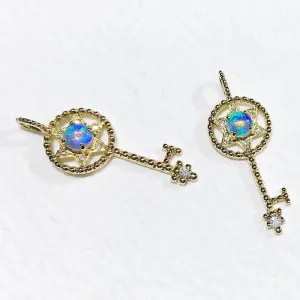 18K Gold Round Natural Opal 9.5X25.4M Key Pendant Necklace