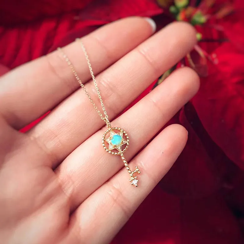 18K Gold Round Natural Opal 9.5X25.4M Key Pendant Necklace
