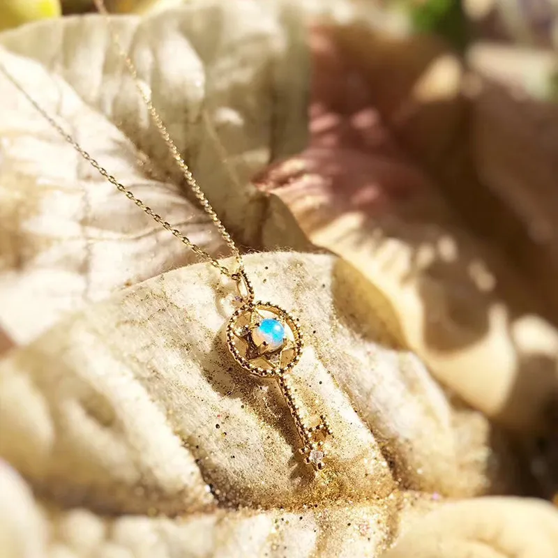 18K Gold Round Natural Opal 9.5X25.4M Key Pendant Necklace