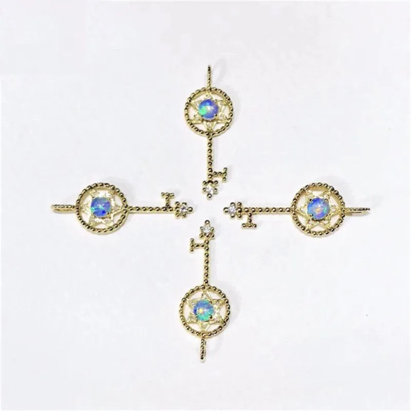 18K Gold Round Natural Opal 9.5X25.4M Key Pendant Necklace