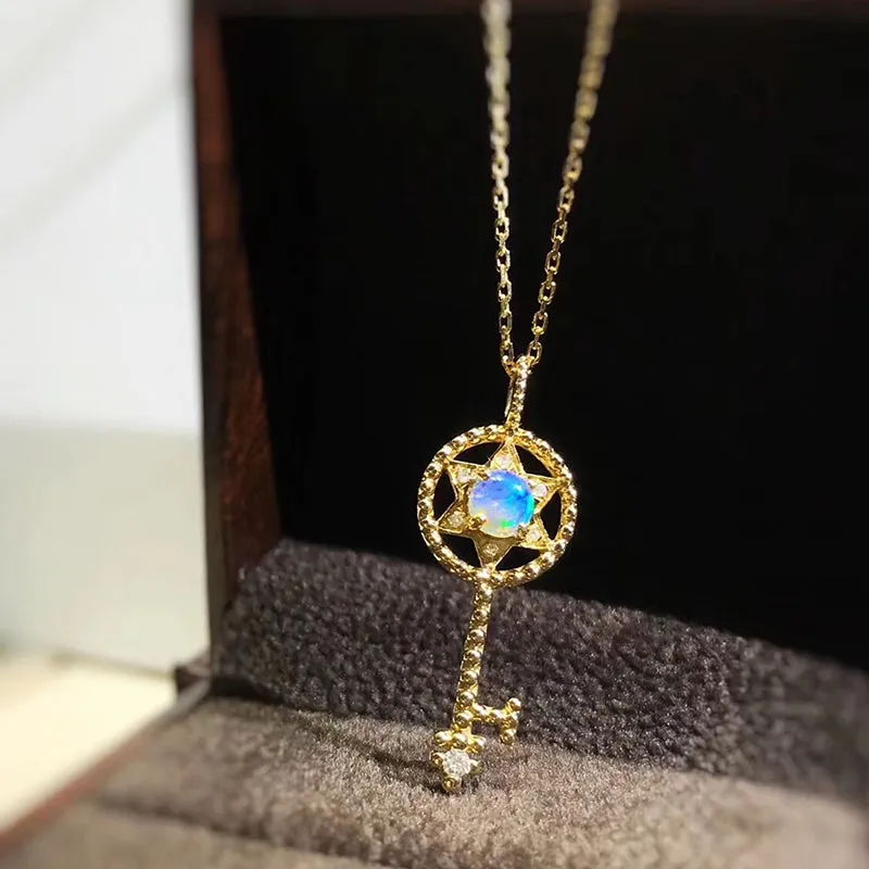 18K Gold Round Natural Opal 9.5X25.4M Key Pendant Necklace
