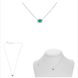 18K White Gold Oval Cut Emerald and Diamond Halo Necklace