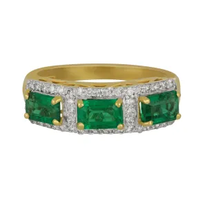 18k Yellow Gold 3-Emerald Cut Emeralds and Diamond Ring size 6.5, EM=1.62tw D=0.32tw