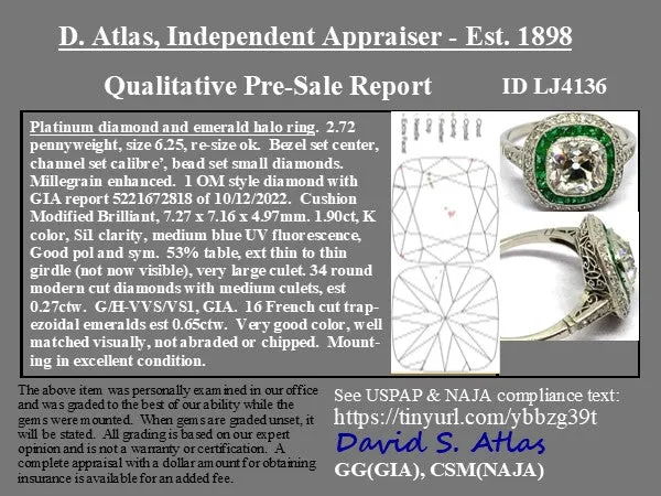 1.90ct Old Mine Cut Diamond Emerald Target Ring, GIA K SI1